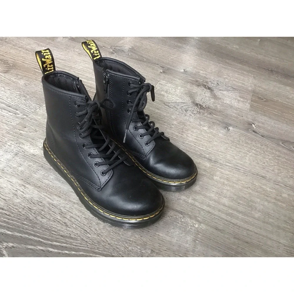 Doc Martens Zavala J Leather Combat Boots Black Kids Size 3 Youth Boot Dr.